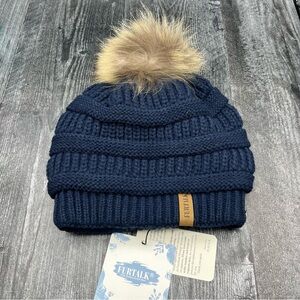 Furtalk  Knitted Beanie Hat with Detachable Pom Pom, Navy - New